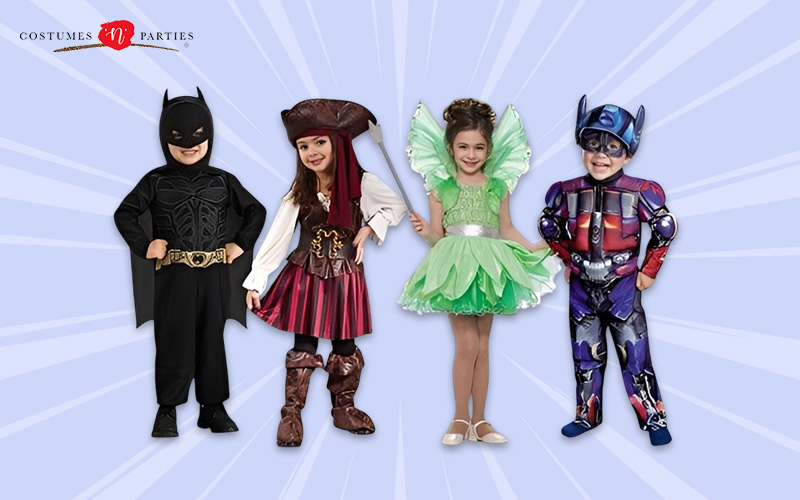 Children in Batman, pirate, fairy, and Optimus Prime costumes.